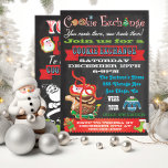 Cookie Exchange/Ugly Sweater Party-inbjudningar Inbjudningar<br><div class="desc">Toppen roligt Cookie Exchange eller Cookie Swap party med en retrokänsla. Modern text, banderoller och en stapel av julkakor mot en svart bakgrund av krita. Här ingår illustrationen av en ful sweater som vi hoppas att dina gäster kommer att få bära! Baksidan är lika underbar som framsidan med en gammal...</div>