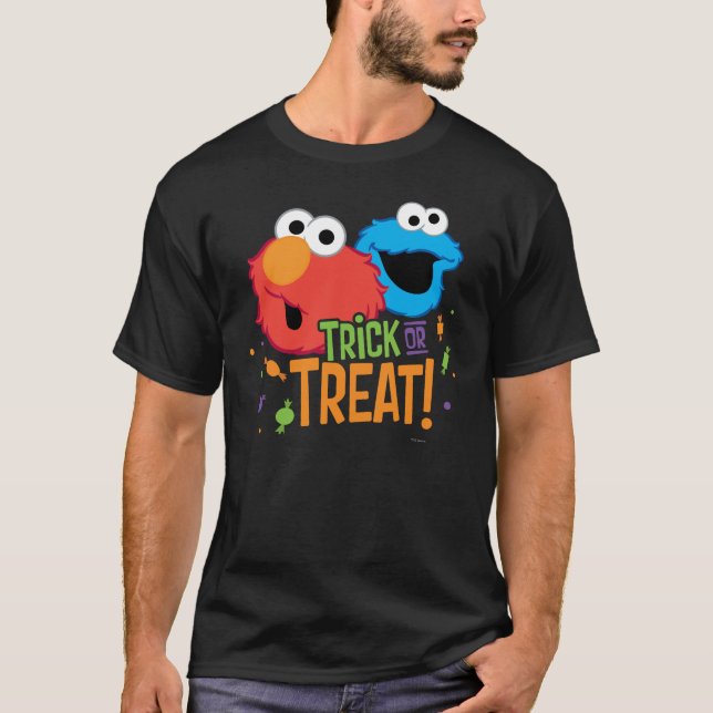 Cookie Monster och Elmo - Bus eller godis Tee Shirt (Framsida)