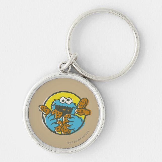 Cookie Monster Retro Rund Silverfärgad Nyckelring (Framsidan)
