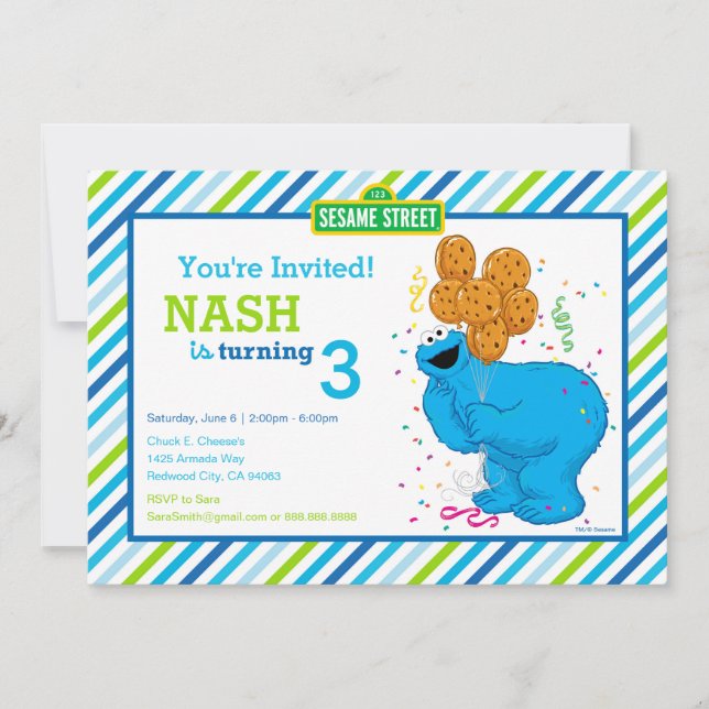 Cookie Monster Stripe Birthday Inbjudningar (Framsida)