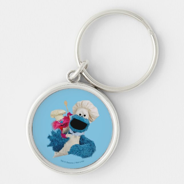 Cookie Monsters matvagnsvänner Rund Silverfärgad Nyckelring (Framsidan)