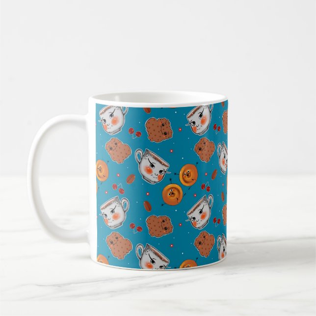 Cookies, buntar: blå bakgrund mönster kaffemugg (Vänster)