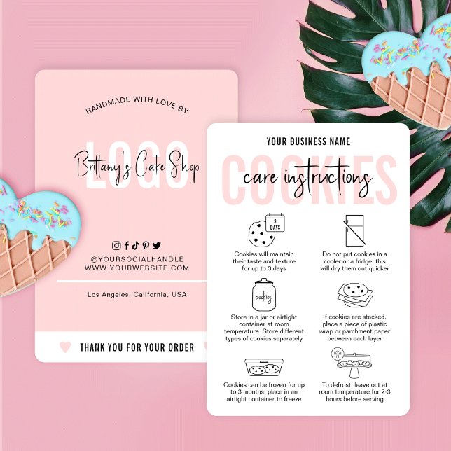 Cookies Care Instructions ger modern  Rosa Visitkort (Feminine pink and white cookies care cards and storage instructions cards for bakers)