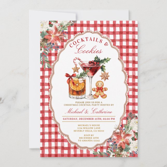 Cookies & Cocktails Cozy Rustic Red Gingham Inbjudningar (Framsida)