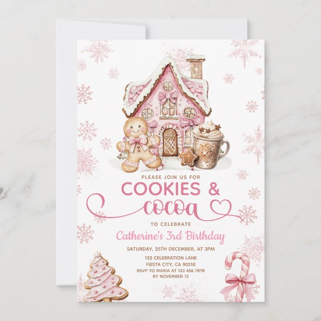 Cookies & Cocoa Birthday Pink Snowflakes Holiday Inbjudningar (Framsida)