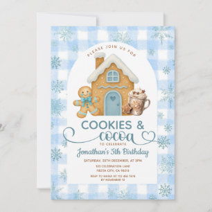 Cookies & Cocoa Födelsedag Blå Snöflingor Gingham Inbjudningar