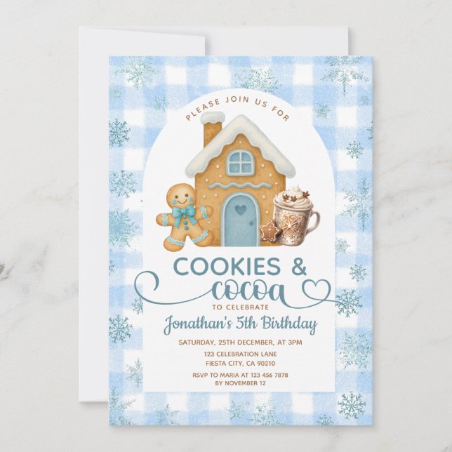 Cookies & Cocoa Födelsedag Blå Snöflingor Gingham Inbjudningar (Framsida)