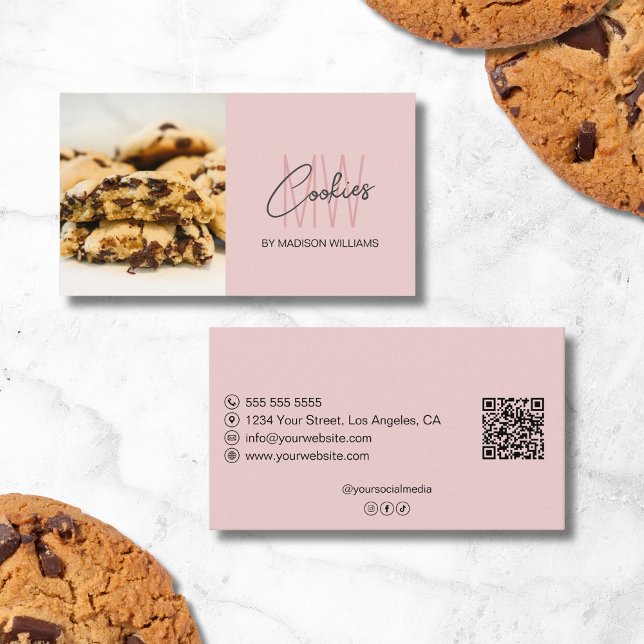 Cookies Monogram Logotyp Bakery Photo QR Rosa Visitkort (Cookies Monogram Logo Bakery Photo QR Pink Business Card)