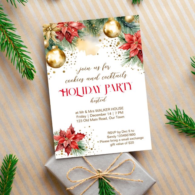 Cookies och cocktails God Julmiddag party Inbjudningar (Cookies and cocktails Christmas holiday party editable template invitation digital download gold red)