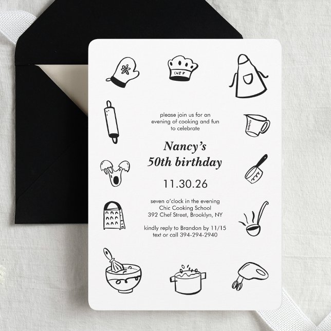 Cooking Birthday Party Hand Drawn Chef Minimalist  Inbjudningar (Skapare uppladdad)