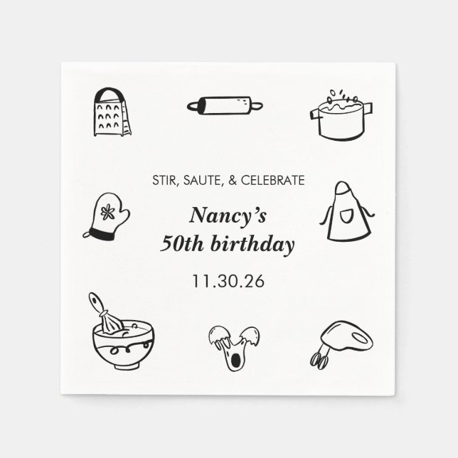 Cooking Birthday Party Hand Drawn Chef Minimalist  Pappersservett (Framsidan)