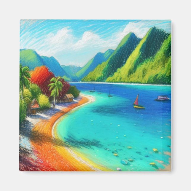Cooks Bay, Moorea, Fransk Polynesia Watercolor Magnet (Framsidan)