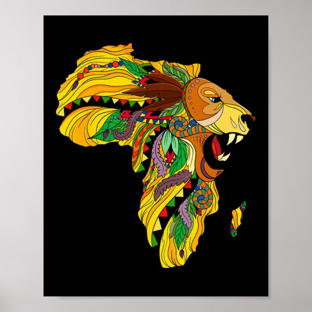 Cool Afrika Karta Lejon Tril Afrikansk Kung Svart  Poster (Framsidan)