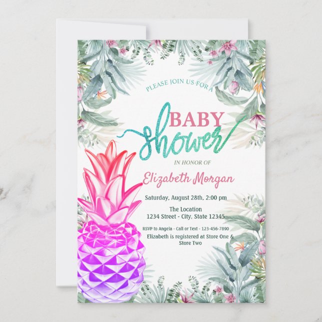  Cool Ananas Tropiska blad Baby Shower   Inbjudningar (Framsida)