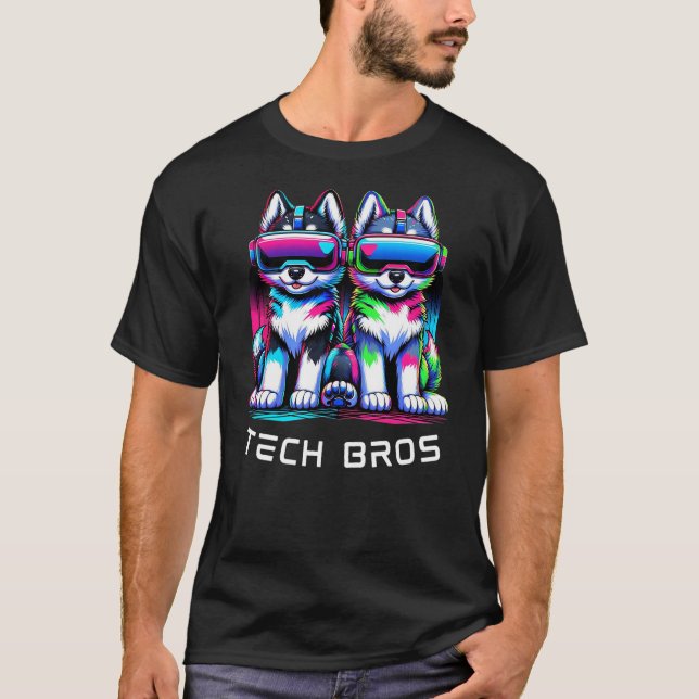 Cool Anime Dog Cartoon Puppies VR Tech Bros T Shirt (Framsida)