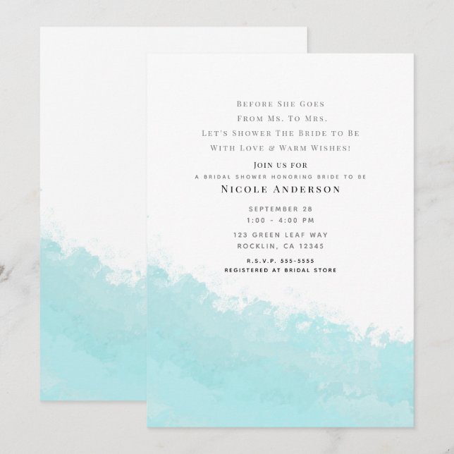 Cool Aqua Blå Våg Stänk Strand Bröllopsdusch Inbjudningar (Fram/baksida)