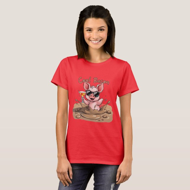 "Cool Bacon" Piglet in Sunglasses T Shirt (Hel framsida)