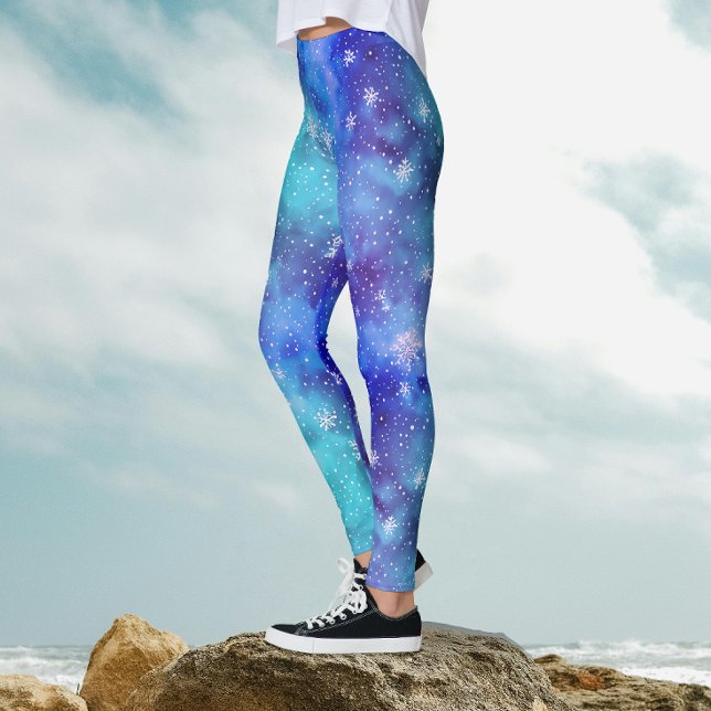 Cool Blå Vinterhimlens Snöflagemönster Vattenfärg Leggings (Skapare uppladdad)