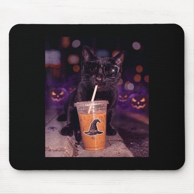Cool black cat drinking iced coffee halloween musmatta (Framsidan)