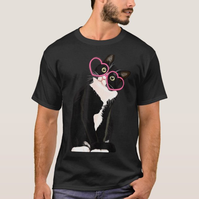 Cool Black Cat Kitten Red Heart Gles Happy Valenti T Shirt (Framsida)