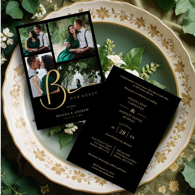 Cool Black Trendy 4 Multi Photos Collage Wedding Inbjudningar (Cool Black Trendy 4 Multi Photos Collage Wedding Invitation Card with Envelope.)