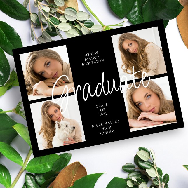 Cool Black Trendy Collage Graduate 4 Multi Photos Inbjudningar (Skapare uppladdad)