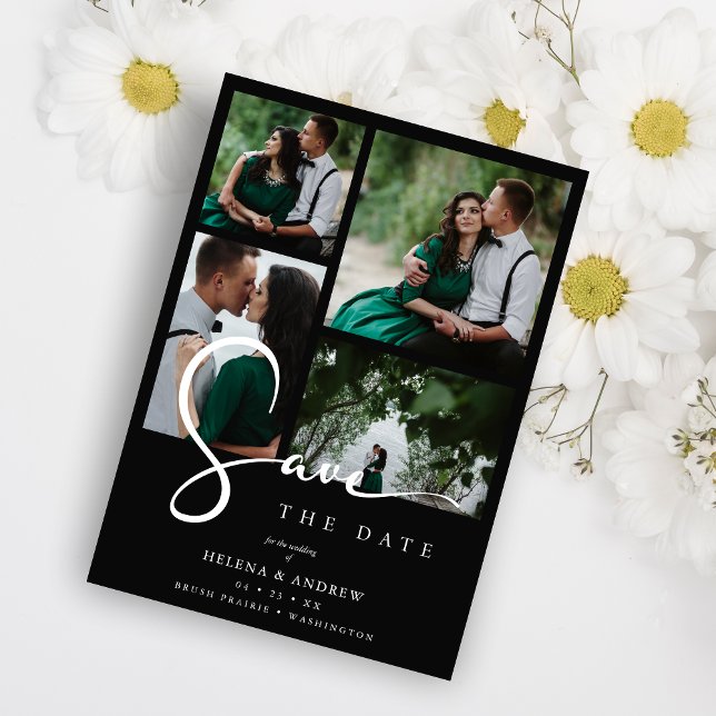 Cool Black & White Trend 4 Multi Photos Collage QR Spara Datumet (Cool Black & White Trend 4 Multi Photos Collage QR Save The Date Card.)