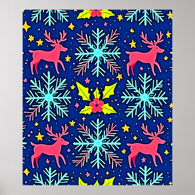 Cool Blue Christmas Reindeer Pattern Design Poster (Framsidan)