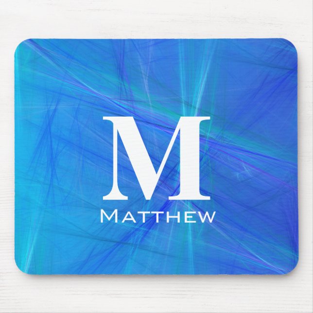 Cool Blue Fraktal Vit Monogram Namn Musmatta (Framsidan)