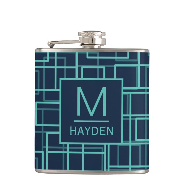 Cool Blue Geometric Grid Pattern Monogrammed Flask Fickplunta (Framsidan)