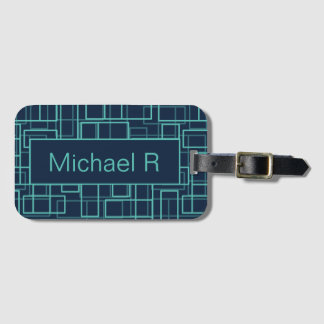 Cool Blue Geometric Grid Pattern Personalised Bagagebricka