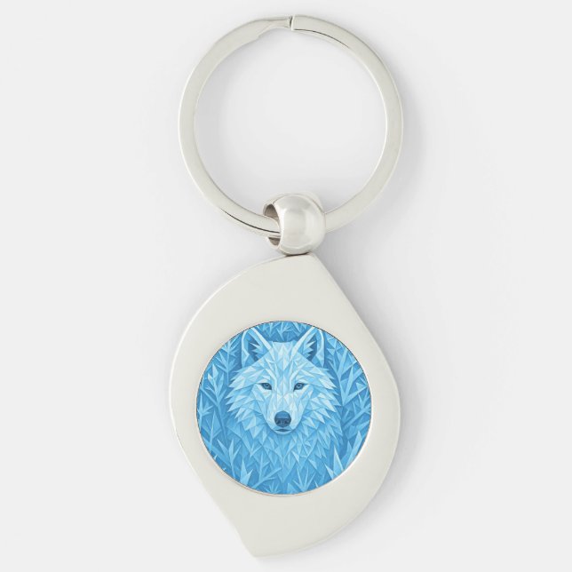 Cool Blue Geometric Wolf Low Poly Abstract Premium Swirl Silverfärgad Nyckelring (Framsidan)