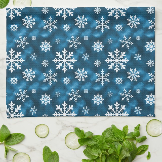Cool Blue med vit snöflingemönster vinter Kökshandduk (Vikta)