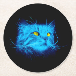 Cool Blue Neon Katt Konst - Glödande Djurdesign Underlägg Papper Rund