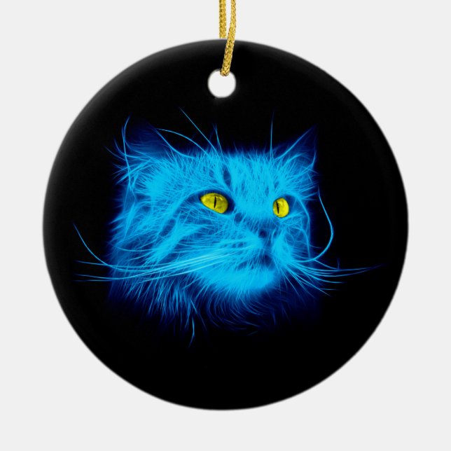 Cool Blue Neon Kattkonst - Glödande Djurdiskho Julgransprydnad Keramik (Framsidan)