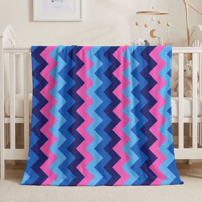Cool Blue Pink Chevrons Medium Fleecefiltblank Fleecefilt (Cool Blue Pink Chevrons Medium Fleece Blanket draped over the side of a baby crib in nursery.)