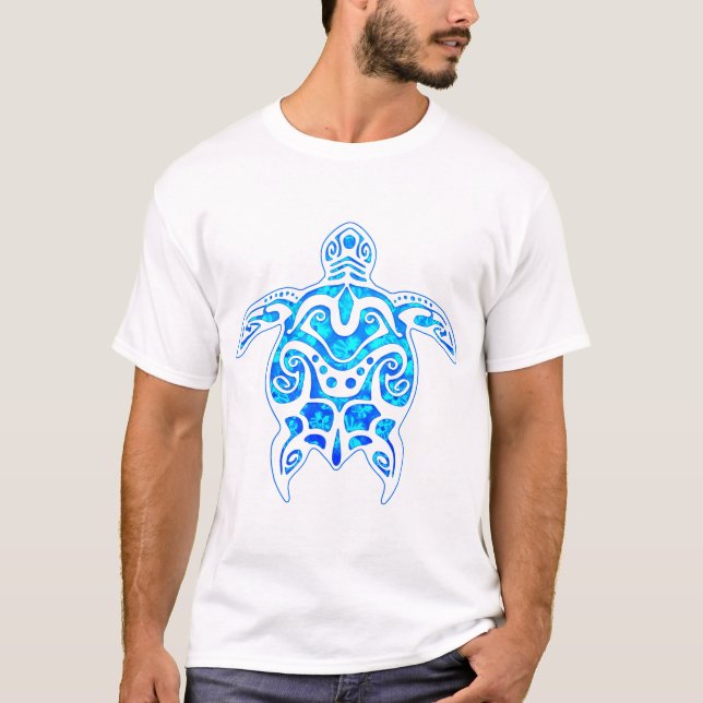Cool Blue Tribal Sköldpadda T Shirt (Framsida)