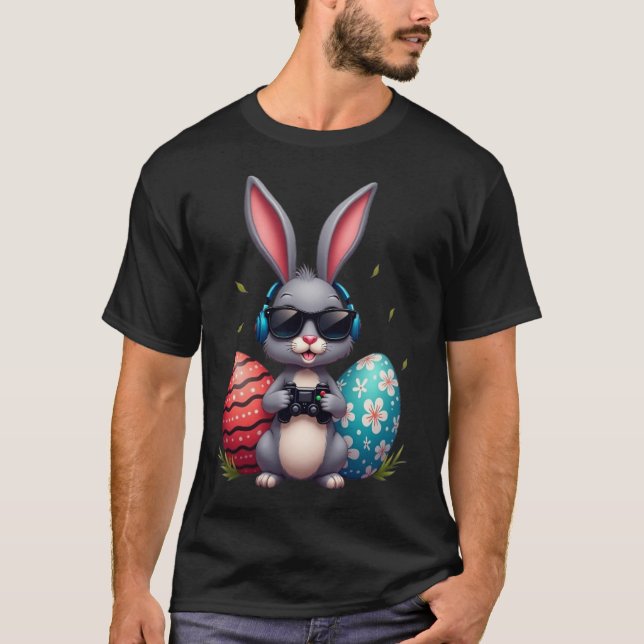 Cool Bunny With Sungl And Video Games Decor Easter T Shirt (Framsida)