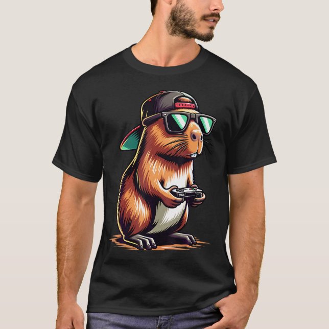 Cool Capybara Playing Video Games. Funny Gamer Cap T Shirt (Framsida)