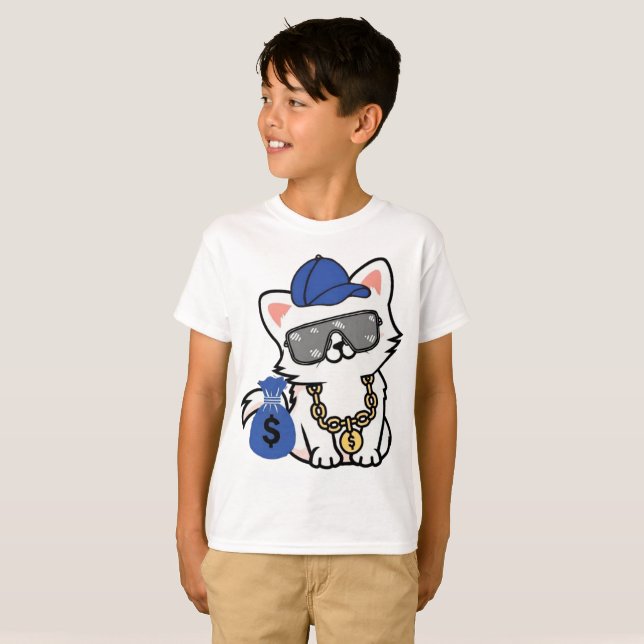 Cool Cash Cat Cartoon T Shirt (Hel framsida)