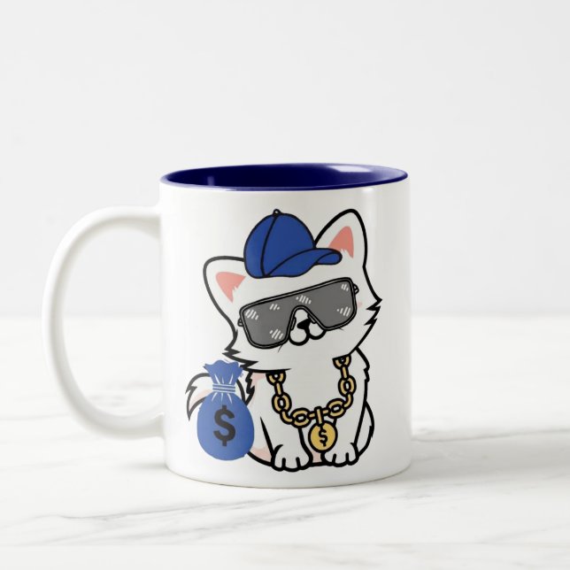 Cool Cash Cat Cartoon Två-Tonad Mugg (Vänster)