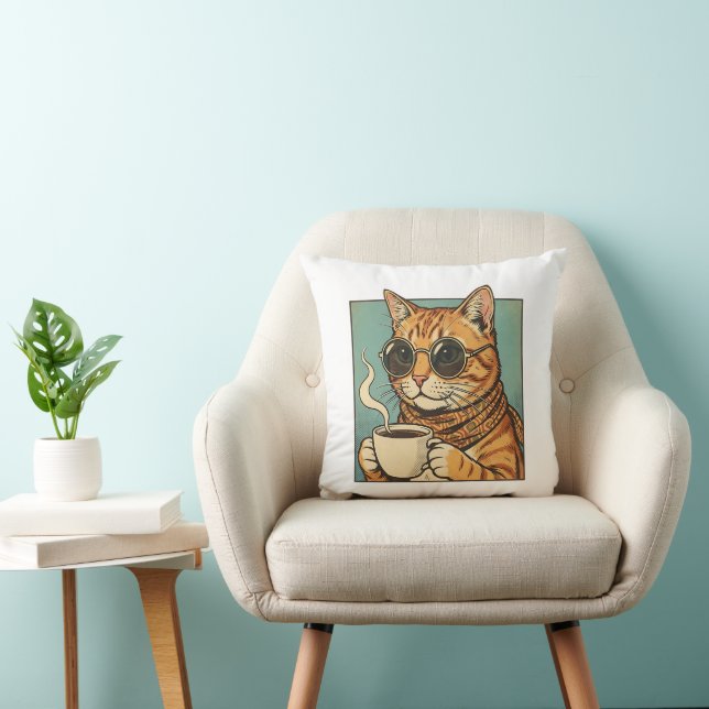 Cool Cat Coffee Retro Stil Design för Kattälskare Kudde (Stol)