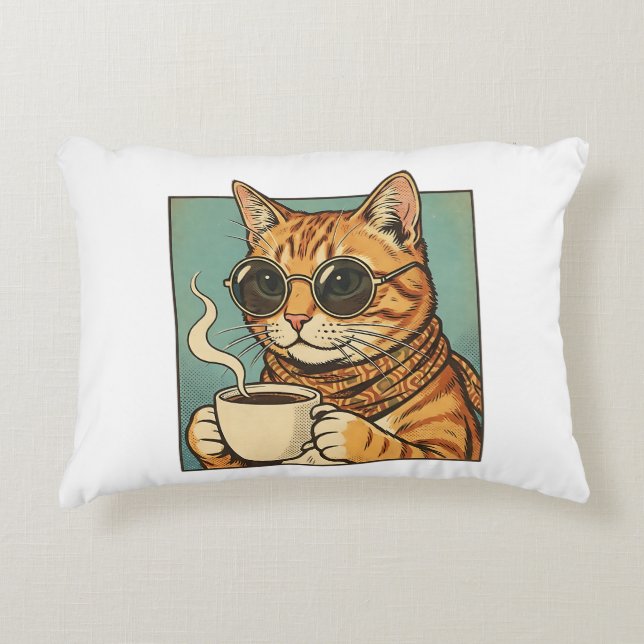 Cool Cat Coffee Retro Stil Design för Kattälskare Prydnadskudde (Framsidan)
