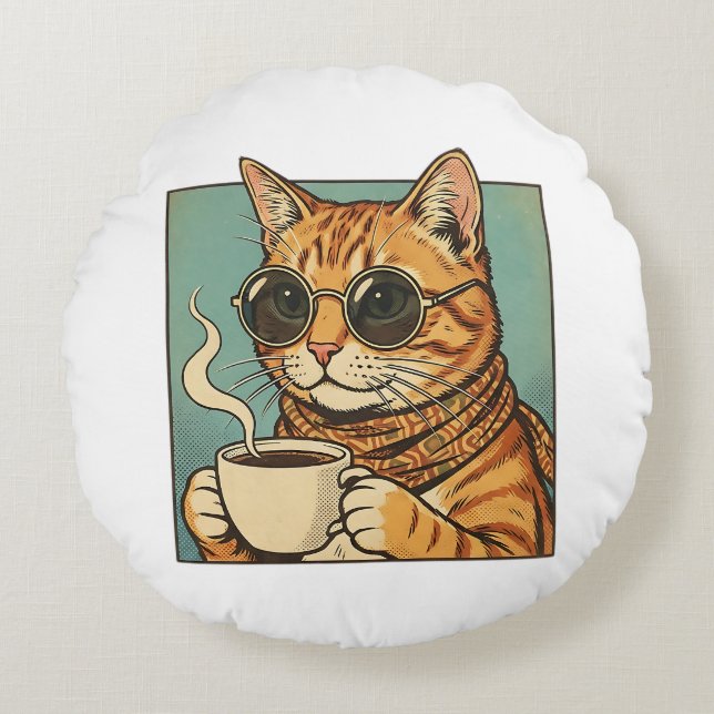 Cool Cat Coffee Retro Stil Design för Kattälskare Rund Kudde (Framsidan)