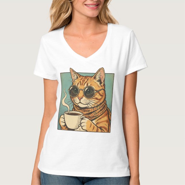 Cool Cat Coffee Retro Stil Design för Kattälskare T Shirt (Framsida)