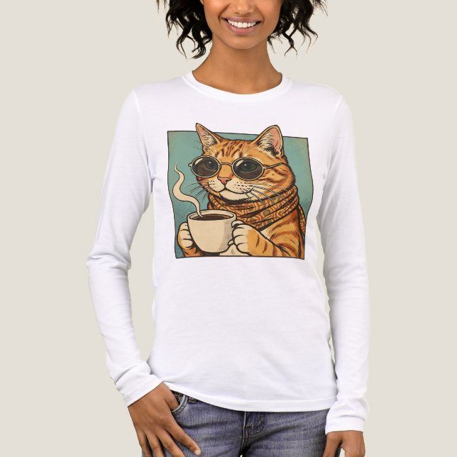 Cool Cat Coffee Retro Stil Design för Kattälskare T Shirt (Framsida)
