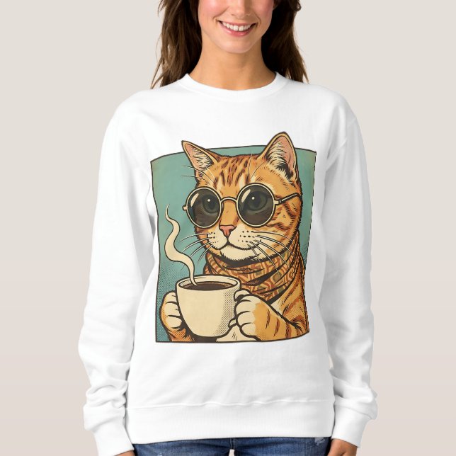 Cool Cat Coffee Retro Stil Design för Kattälskare T Shirt (Framsida)