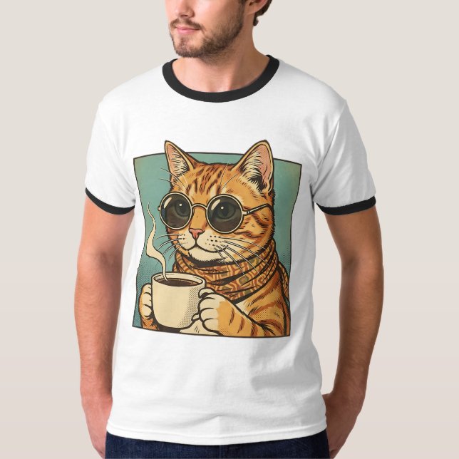 Cool Cat Coffee Retro Stil Design för Kattälskare T Shirt (Framsida)