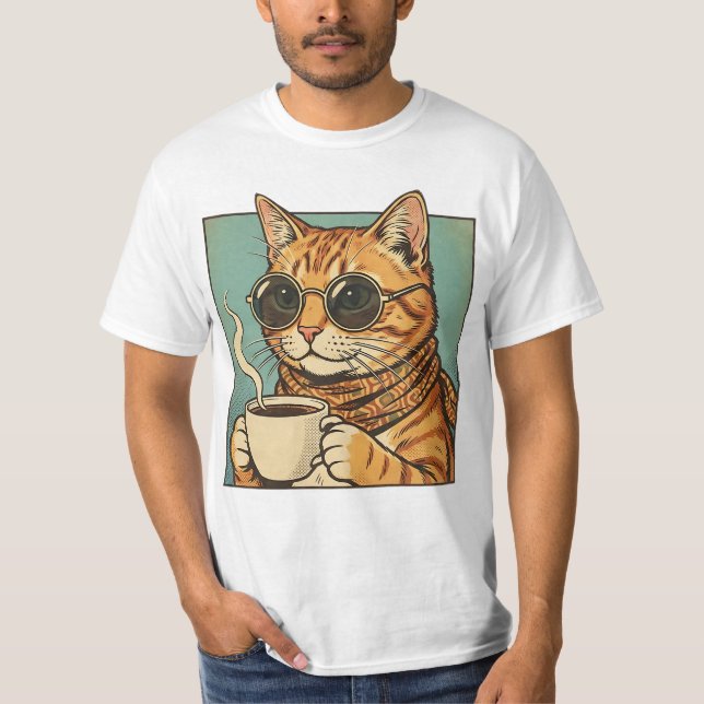 Cool Cat Coffee Retro Stil Design för Kattälskare T Shirt (Framsida)