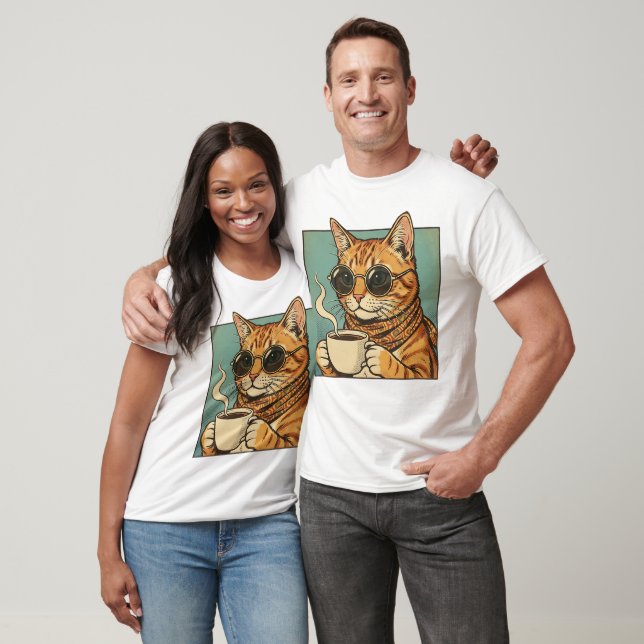 Cool Cat Coffee Retro Stil Design för Kattälskare T Shirt (Unisex)